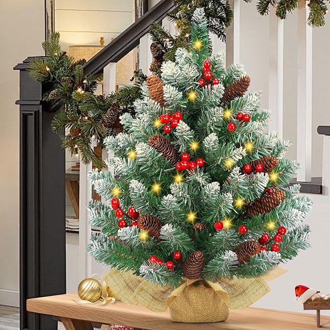 [2 Pack & Timer] 24 Inch Realistic Snowy Tabletop Christmas Tree Small Christmas Tree with 50 Warm Lights Battery Operated Red Berries Pine Cone Burlap Base Indoor Home Table Christmas Decorations