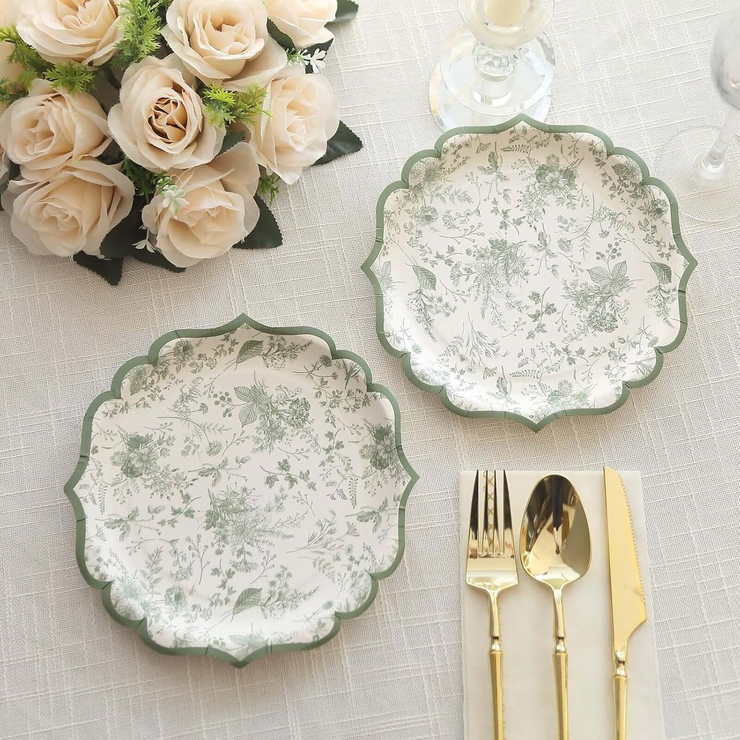 Efavormart 25 Pack White Sage Green Floral Leaf Print Dessert Paper Plates with Scalloped Rim, 8" Round Disposable Appetizer Salad Plates - 300GSM