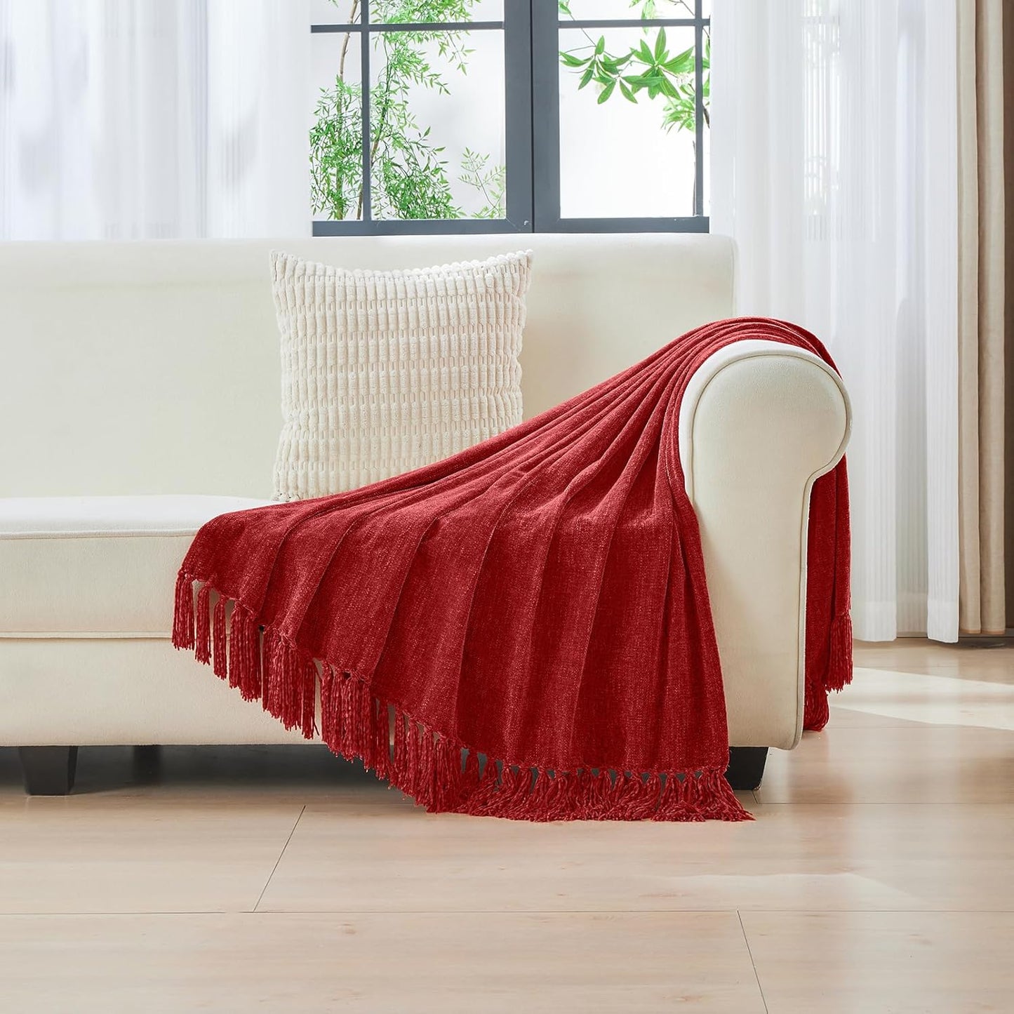 CozeCube Chenille Throw Blanket for Couch, Cozy Plush Fuzzy Decorative Christmas Red Blanket with Fringe Tassels, Lightweight Throws for Bed Sofa Gift Home Decor, 60"X80"