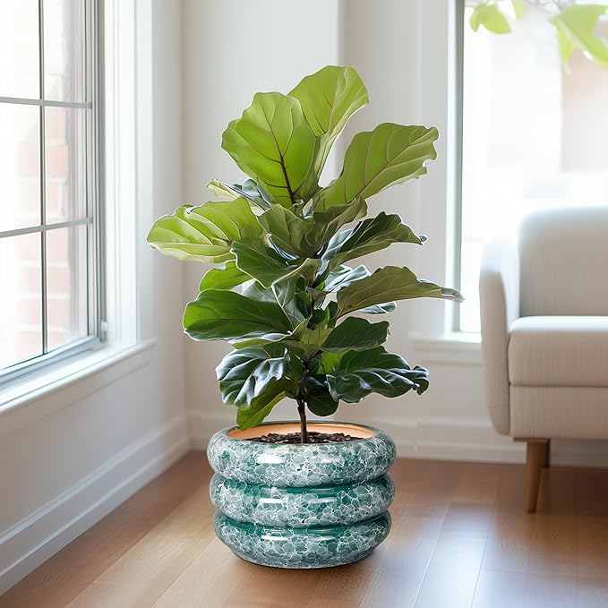 SQOWL Ceramic Planter for Indoor Plants 13.5 Inch - Large Plant Pot with Drainage Hole Outdoor Flower Pot Round Planter Decorative Plant Pot for Garden Bathroom Decor Green