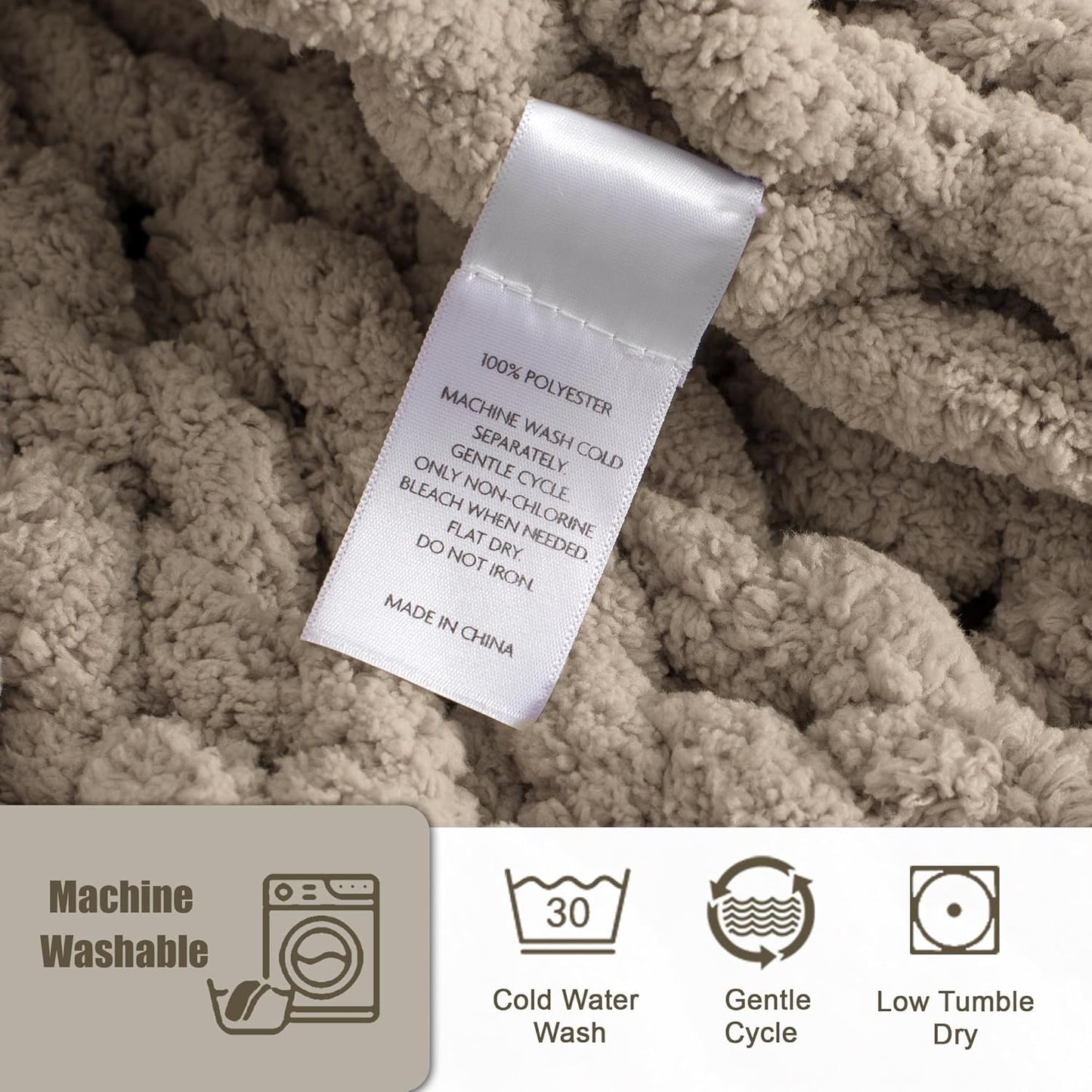 Chunky Knit Throw Blanket 60"X 80", 100% Handmade with Soft Chenille Yarn, 6.7lbs Thick Cable Knitted Blankets, Large Rope Knot Crochet Throws for Couch Sofa Bed Home Decor, Taupe