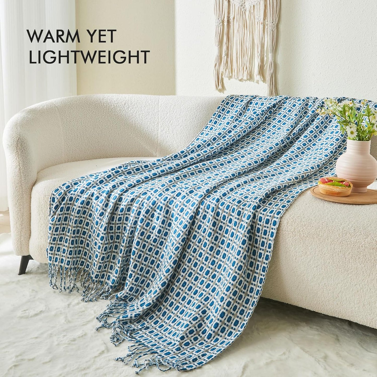 lifein Throw Blanket for Couch - Boho Throw Blanket, Knit Woven Blanket, Soft Decorative Blankets&Throws with Tassels for Bed,Sofa,Chair,Home Decor(50x60in,Blue)