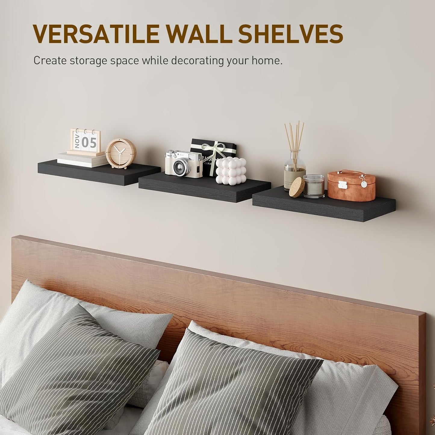 Floating Shelves for Wall, 1.5" Thick Wall Shelf Set of 3 with Invisible Brackets, 15.7L x 7.9W Hanging Book Shelves Farmhouse Home Decor for Bathroom, Living Room, Bedroom, Black 4301BJP3BK
