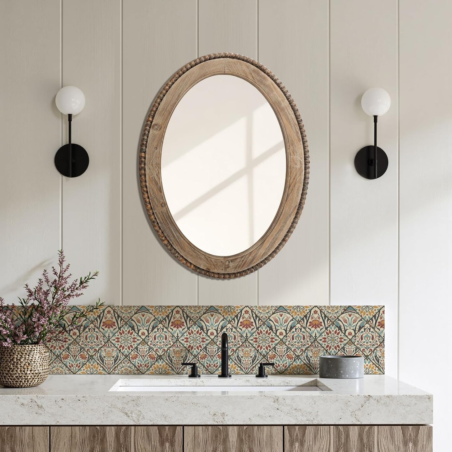 LuxenHome Traditional Oval Wall Mirror, 32-Inch Wood Framed Accent Wall Mirrors, Farmhouse Decorative Wooden Mirror Accent Entryway Wall Mirror, Wall Mounted Mirror Living Room Wall Decor