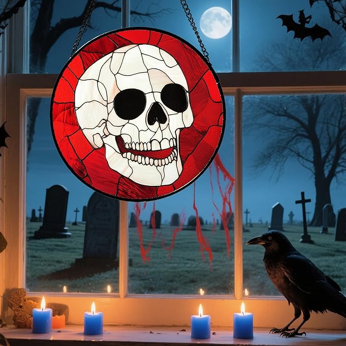 Stained Glass Window Hanging - Halloween Decoration White Skeleton Skull Suncatcher for Door Garden Spooky Red Sun Catchers Gothic Decor Horror Gifts for Women Men Friend Boy Girl 15 in