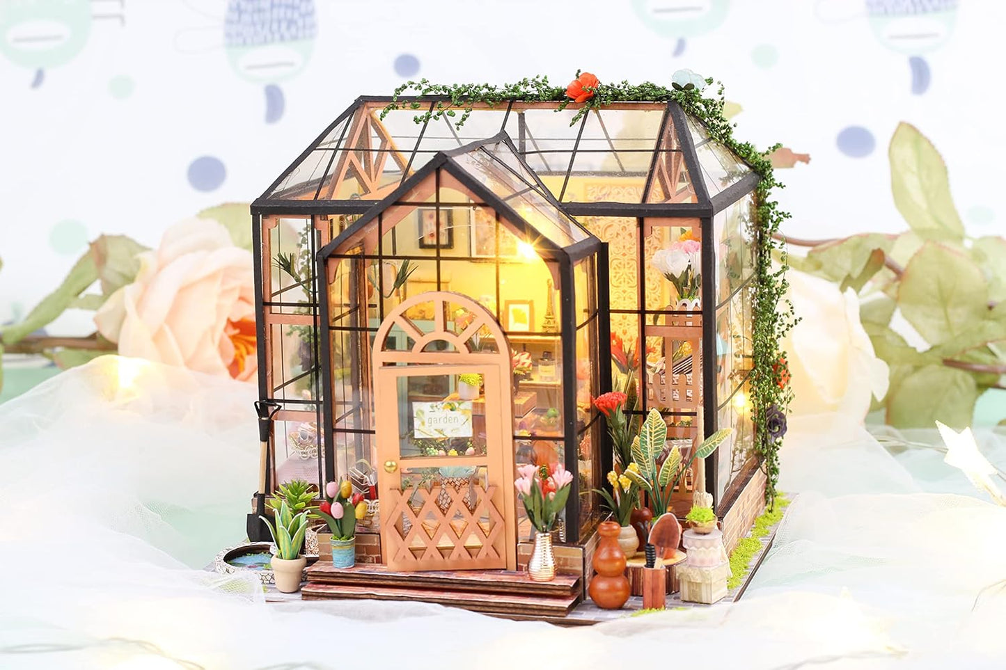 GuDoQi DIY Miniature Dollhouse Kit, Tiny House with Furniture, 1:24 Scale, Handmade Gift for Birthday Christmas Day, Jenny Greenhouse Flower Shop