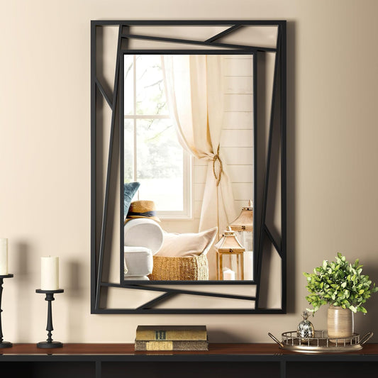 Black Bathroom Mirror 36''X24'' Rectangle Decorative Wall Mirrors with Geometric Metal Frame for Bathroom, Living Room, Bedroom, Entrance, Horizontal/Verticall, Easy to Install