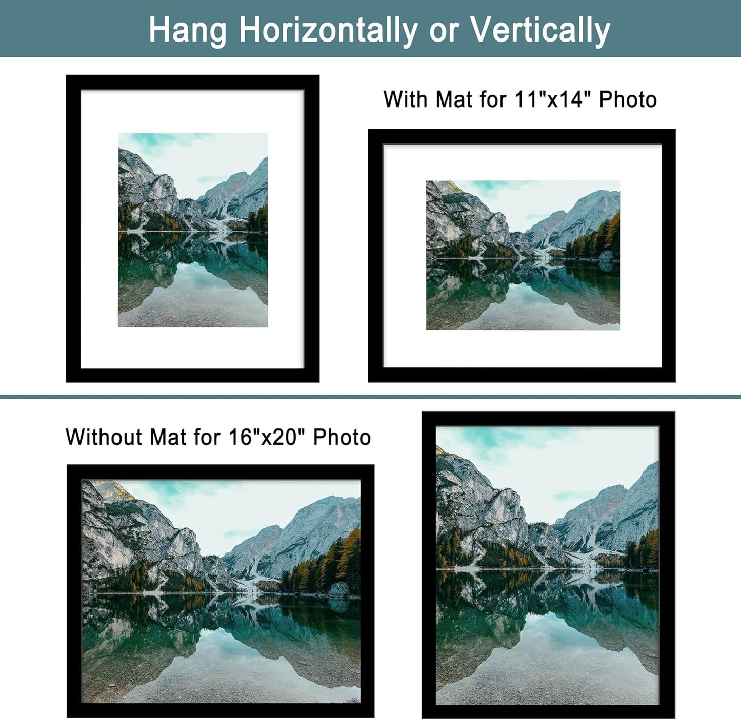 iRahmen 16x20 Picture Frame Set of 2 with Plexiglass, Black Poster Frame Display 11x14 Picture with Mat or 16 x 20 Without Mat, Wood Photo Frame for Horizontal or Vertical Wall Mounting