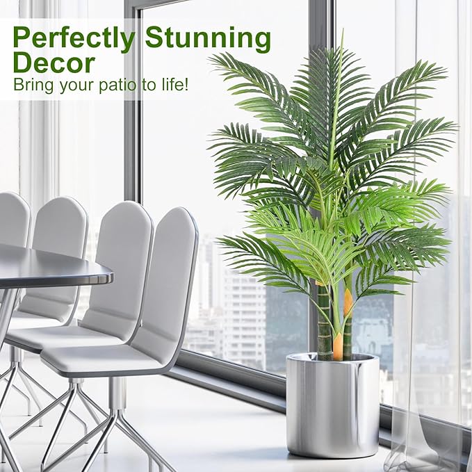 Triple Golden Cane Palm Artificial Tree 4ft Tall Large Faux Tropical Palm Tree UV Resistant Fake Plant in Pot for Indoor Outdoor Big House Living Room Patio Office Home Outside Decor 2Pack