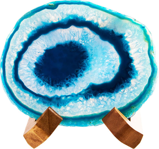 Luxury Lane Large Natural Brazilian Agate Slice Geode Rock Stone Drink Coaster with Wood Holder 4.7-5.5 inch Centerpiece Table Decoration, Ocean Blue