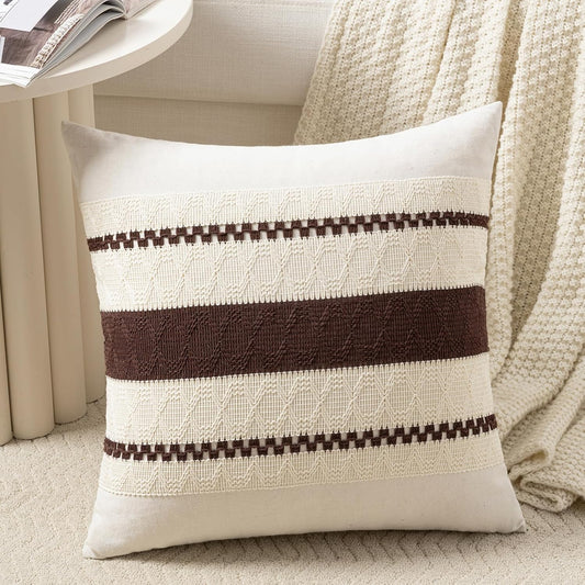 Fancy Homi Set of 1 Boho Brown Decorative Throw Pillow Cover 16x16 Inch for Couch Bed Sofa, Aesthetic Modern Organic Farmhouse Home Decor, Soft Cotton Cute Accent Macrame Woven Cushion Case