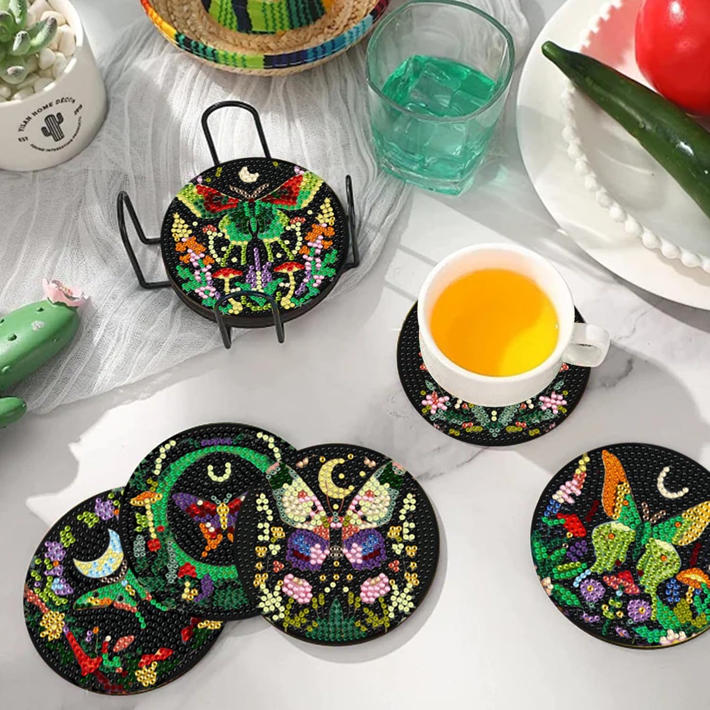 EWJRNSF 10 PCS Diamond Art Coasters Kit, Small Diamond Painting Coasters, Fall Diamond Art Kits for Adults Beginners, Arts and Crafts Supplies Item Sets with Holder Butterfly