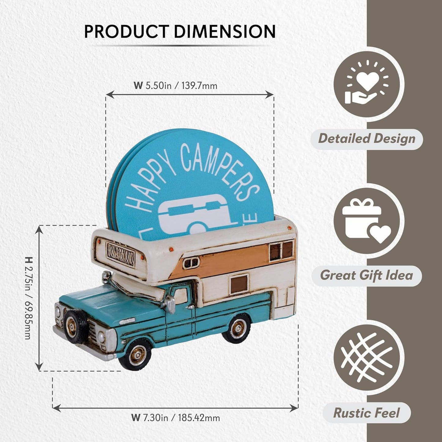 Happy Camper Car Coaster Set - Truck RV Coasters for Drinks Rustic Home Decor Living Room - Table Coasters Set Dining Room Decor and Accessories - Home Bar Camp