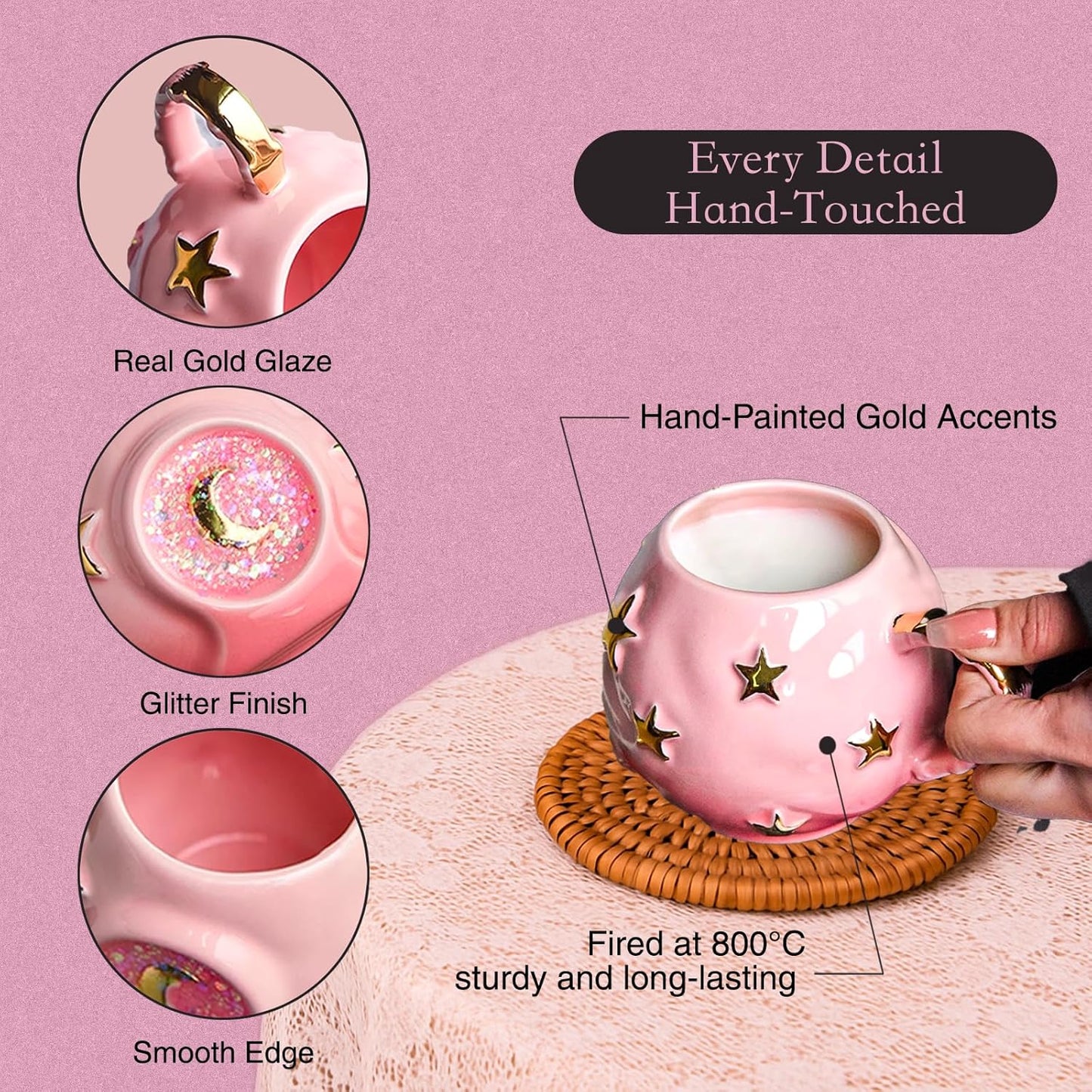 Handmade Coffee Cup 400ML with Fancy Tarot Star/Moon Design, Fashion Starry Sky Ice Coffee Cup, Gradient Pink Pottery Tea Cup for Home/Office (pink)