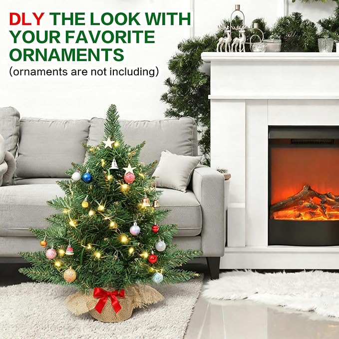 24 Inch Pre-lit Artificial Mini Christmas Tree,Tabletop Christmas Tree with 30 LED Warm Lights,Desktop Small Xmas Green Pine Tree for Home Decor（Battery Operated）