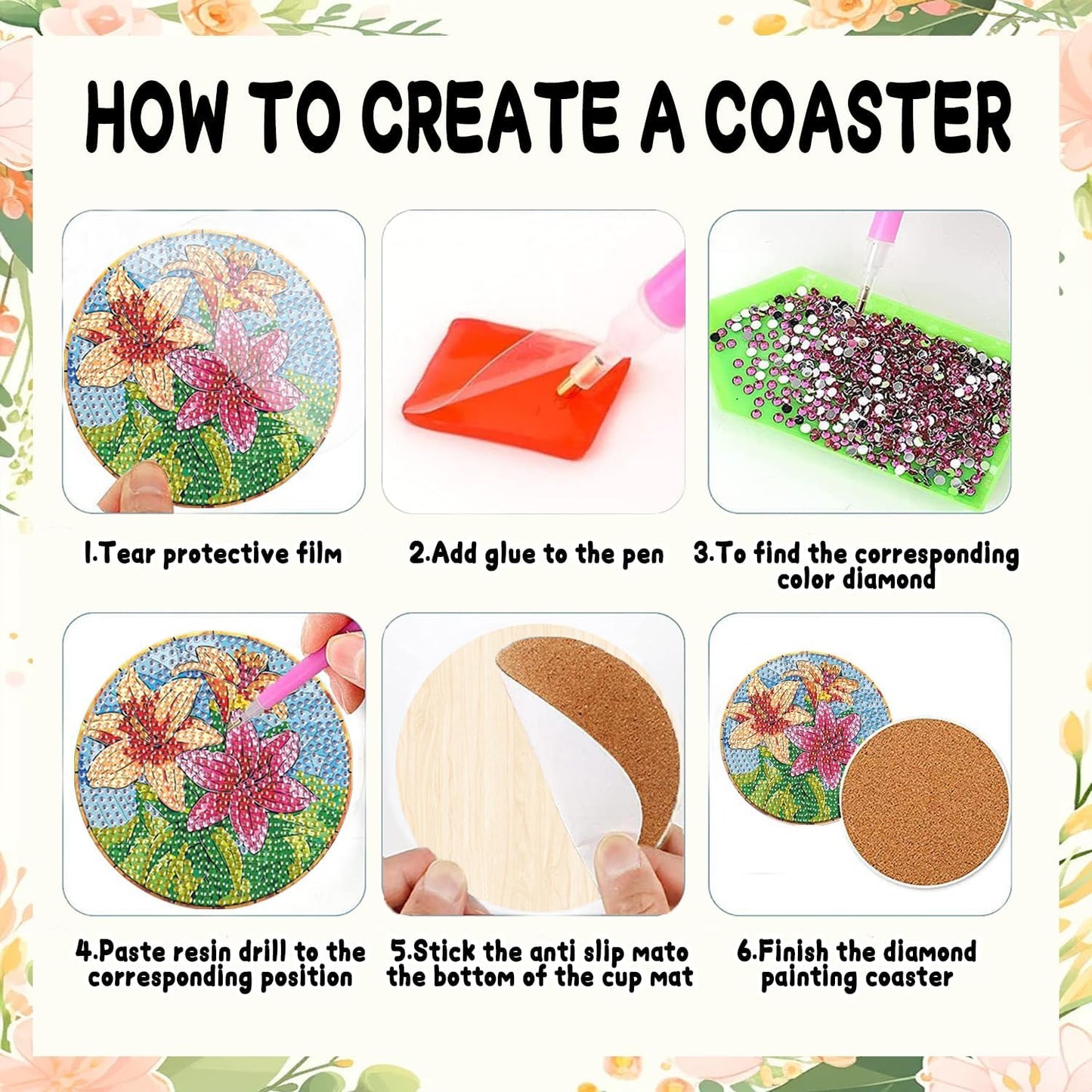 DOZEEZOP 8 PCS Flowers Diamond Art Coasters Kits, Diamond Painting Coasters with Holder and Cork Pads, Diamond Art Kits for Adults Beginners, Arts and Crafts Coaster Home Decor