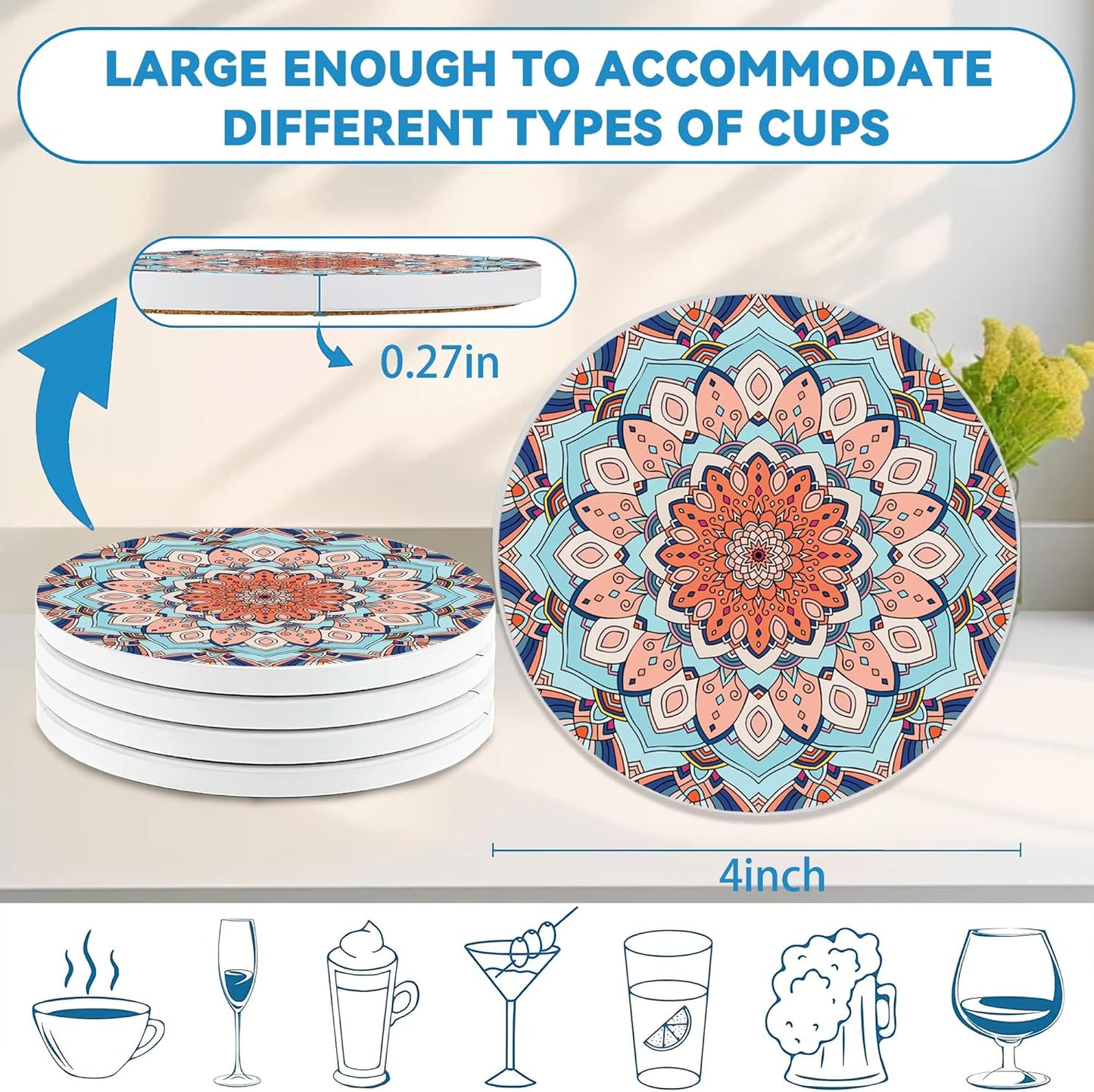 Coasters Set of 4, Mandala Blue Round 4" Ceramic & Cork Coasters, Ideal Home Decor & Gifts