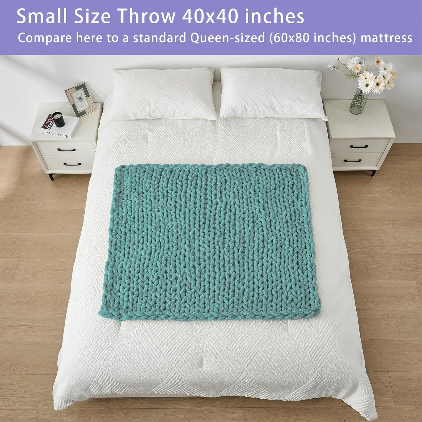 Bigacogo Chunky Knit Throw Blanket for Couch, 40x40 inches, 100% Hand Knitted with Thick Jumbo Chenille Yarn, Cozy Soft Large Rope Knot Cable Crochet Blankets for Sofa Bed Living Room, Light Teal