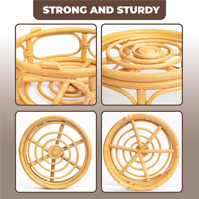 Set of 2 Boho Rattan Woven Round Decorative Risers Plant Stands Indoor, Mid Century Minimalist Modern Plant Stand, Wicker Short Plant Stand Holder Suitable Fits 8'' and 12'' Pots