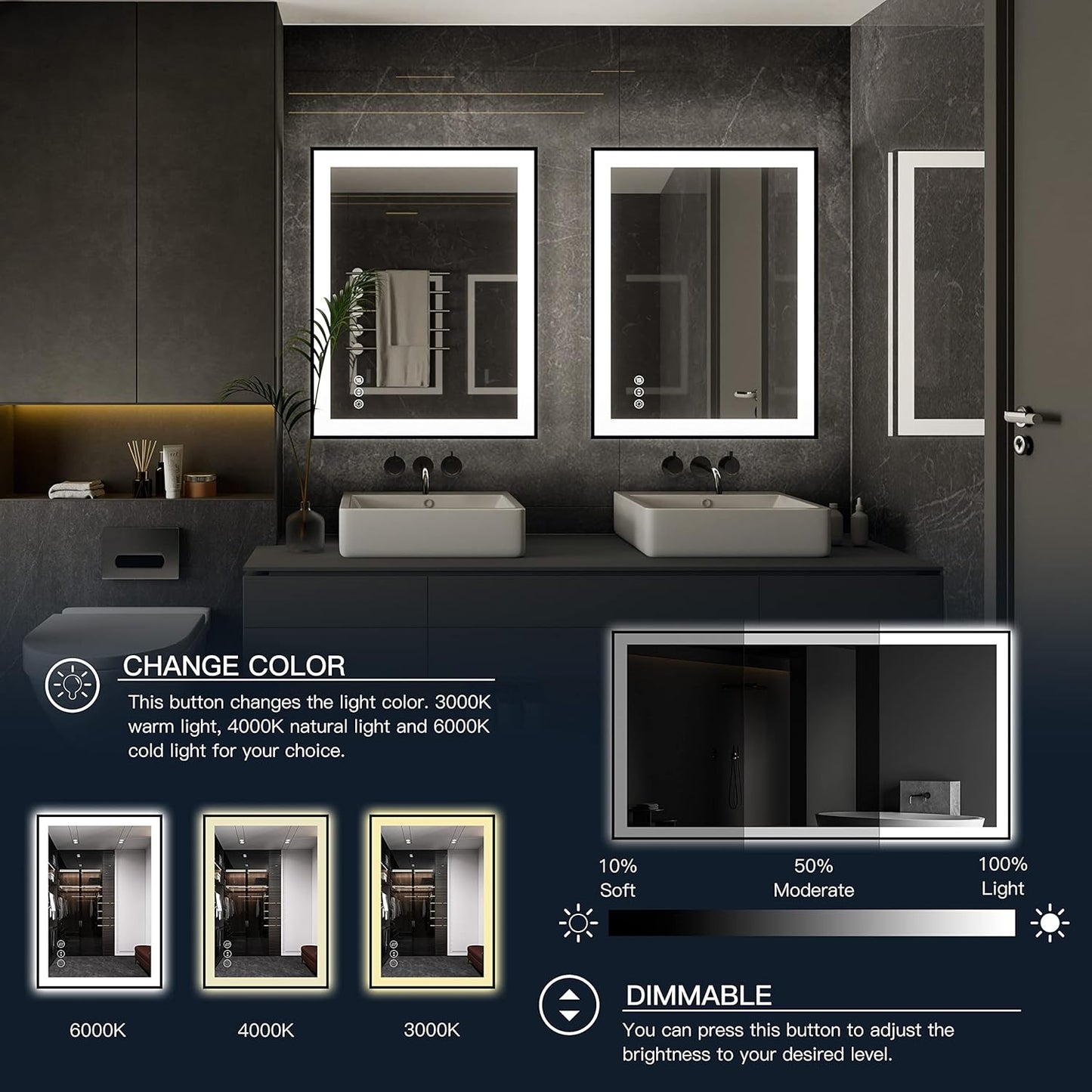 ISKM Framed LED Mirror for Bathroom 60"x40", Dimmable LED Bathroom Mirror with Lights, Anti-Fog, Front and Backlit Lighted Mirror 3-Colors, Shatterproof, Memory Function