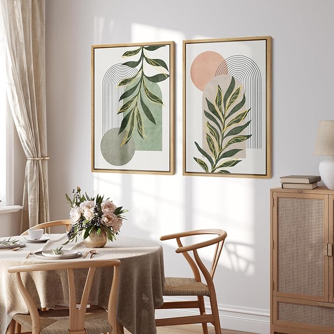 SIGNFORD Framed Canvas Print Wall Art Set Jungle Palm Leaf Geometric Polygons Abstract Shapes Illustration Modern Art Decorative Nordic Nature for Living Room, Bedroom, Office - 16"x24"x2 Natural