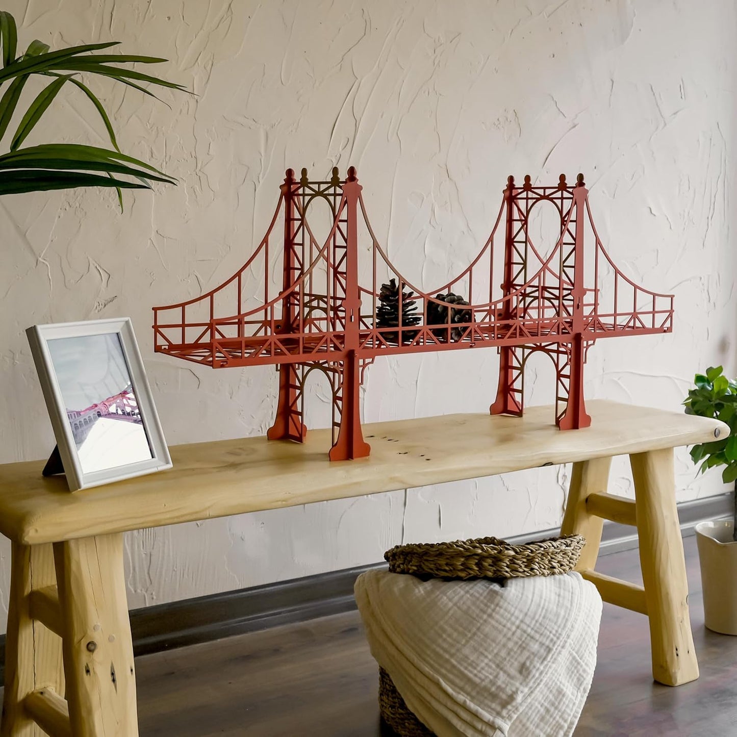 Metal Bridge Shelf – Iron Floating Shelf for Wall or Desk Use – Decorative Storage Rack for Books, Plants & Home Decor – Wall-Mounted or Tabletop Display (Manhattan Red)