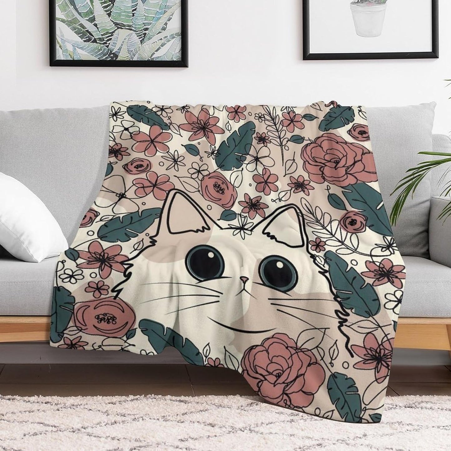 Cute Cat Floral Throw Blanket, Wildflowers Fuzzy Blanket, Ultra Soft Cozy Flannel Throw Blankets Lightweight Fleece Blankets for Bed Couch Sofa 60"×80"