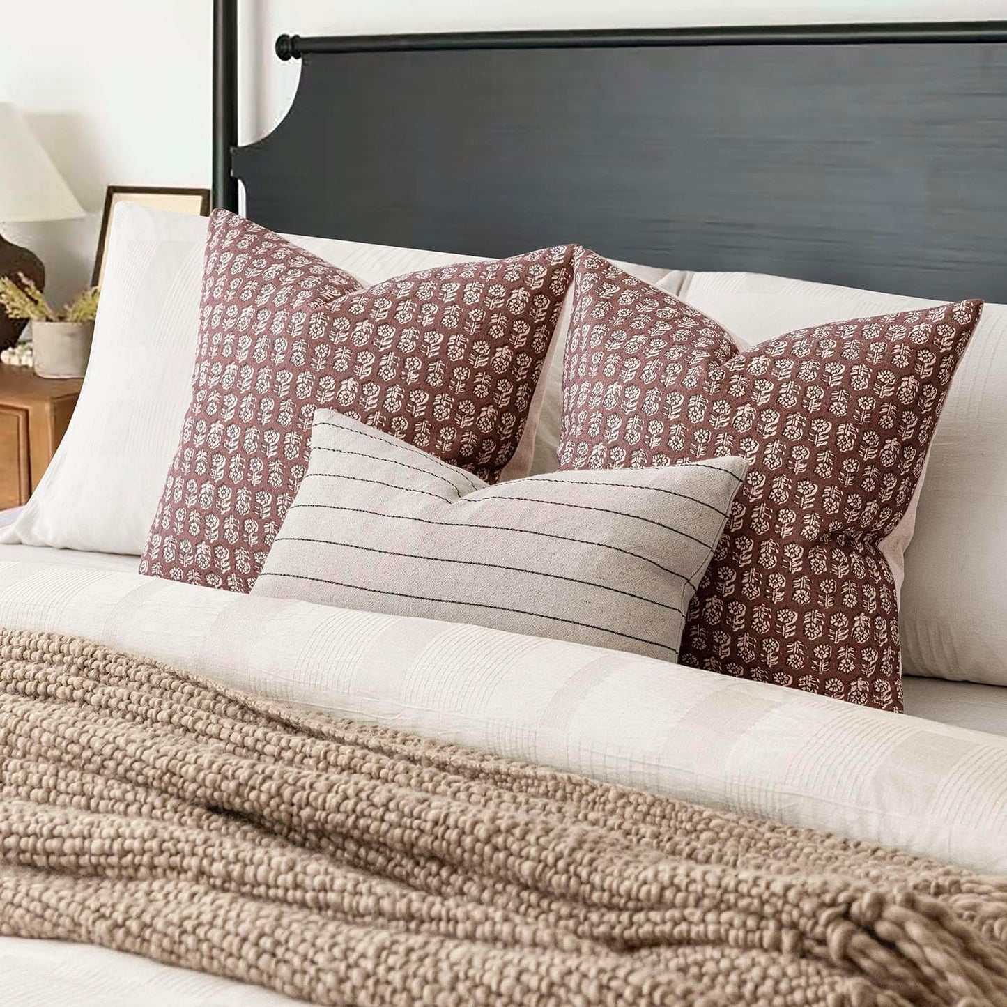 Foindtower Set of 2 Decorative Vintage Floral Print Throw Pillow Covers Neutral Modern Farmhouse Cushion Covers Boho Home Decor for Sofa Couch Chair Bedroom Living Room,22×22 Inch,Wine Red