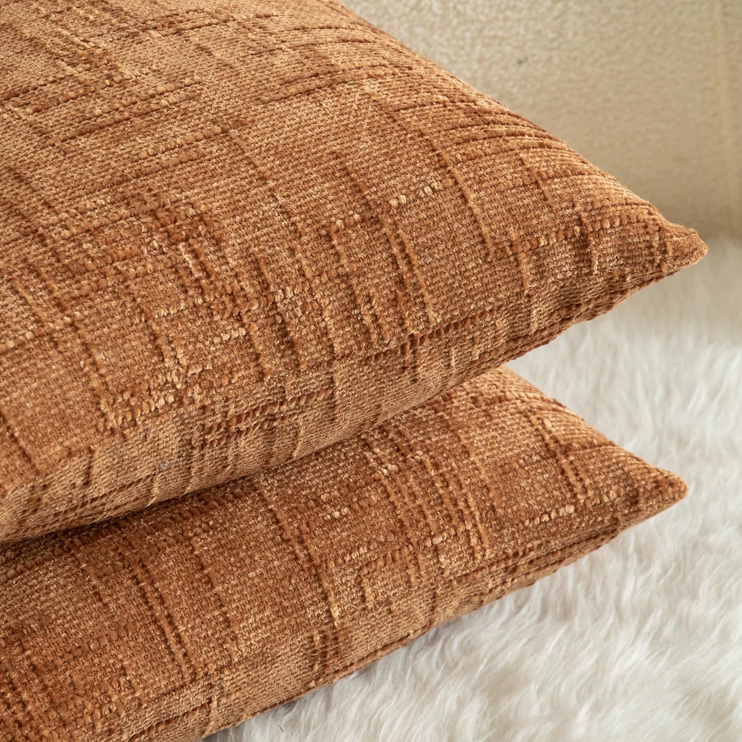 MANDIOO Pack of 2 Soft Chenille Textured Throw Pillow Covers Lumbar Accent Solid Decorative Cushion Cover Cozy Farmhouse Pillow Case for Couch Sofa Bed Living Room 12x20 Inch Burnt Orange