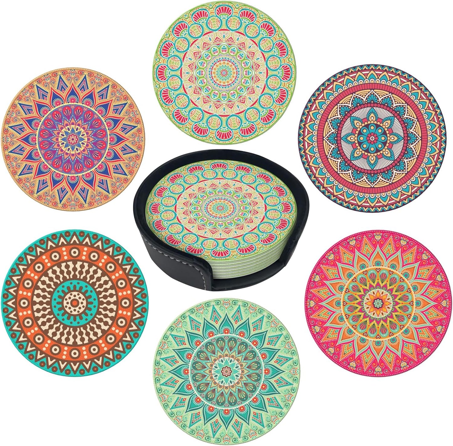 Colorful Mandala Leather Drink Coasters Set of 6 with Holder Round Cup Coaster for Table Decor