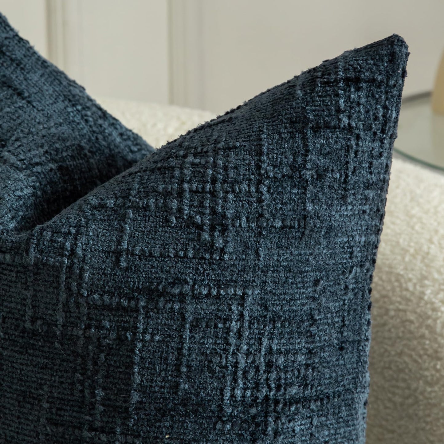 MANDIOO Pack of 2 Soft Chenille Textured Throw Pillow Covers Square Accent Solid Decorative Cushion Cover Cozy Farmhouse Pillow Case for Couch Sofa Bed Living Room 24x24 Inch Dark Blue