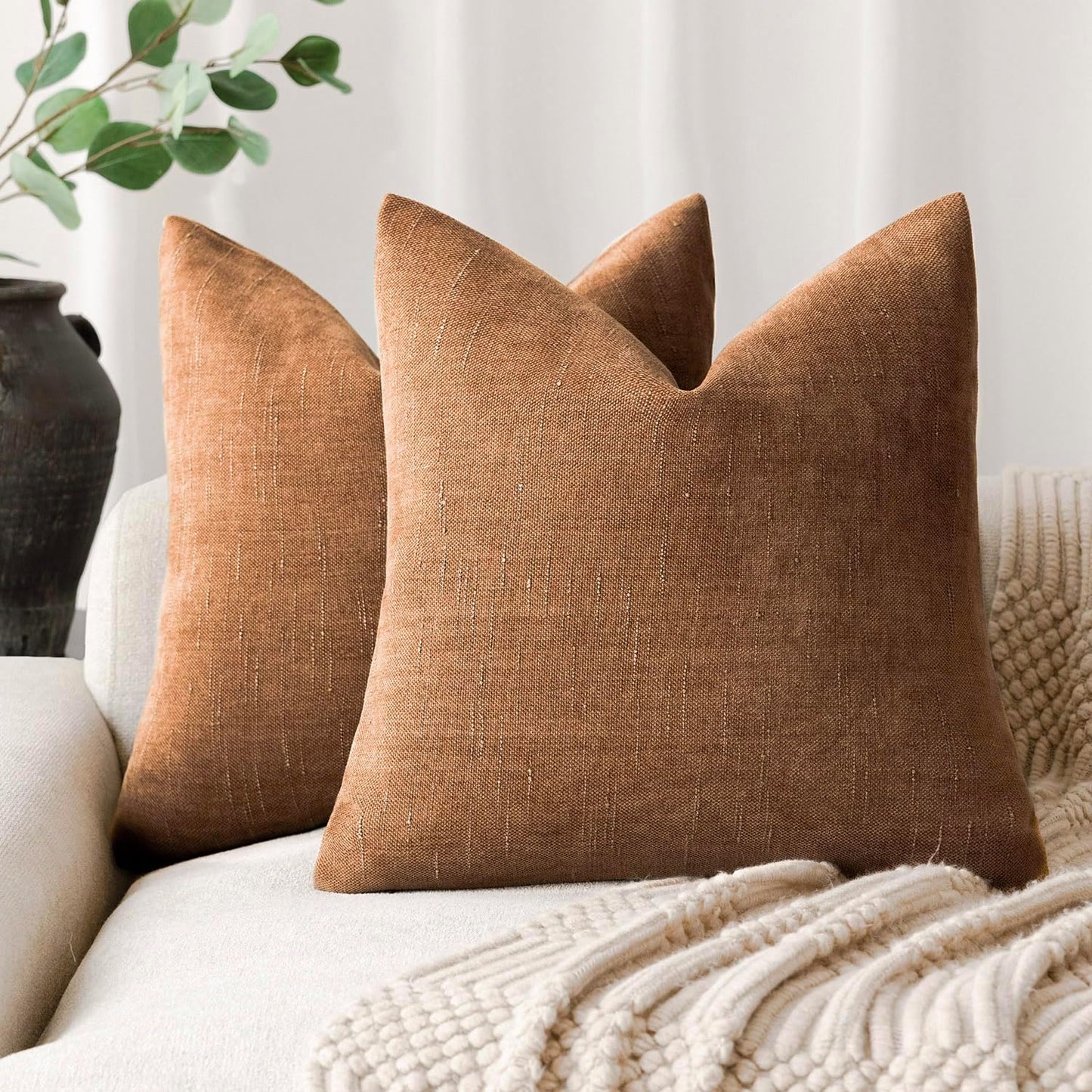 Foindtower Pack of 2 Soft Textured Chenille Throw Decorative Pillow Covers Square Accent Solid Cushion Cover Cozy Farmhouse Pillow Case with Zippe for Couch Sofa Bed Living Room 26x26 Inch, Bronze