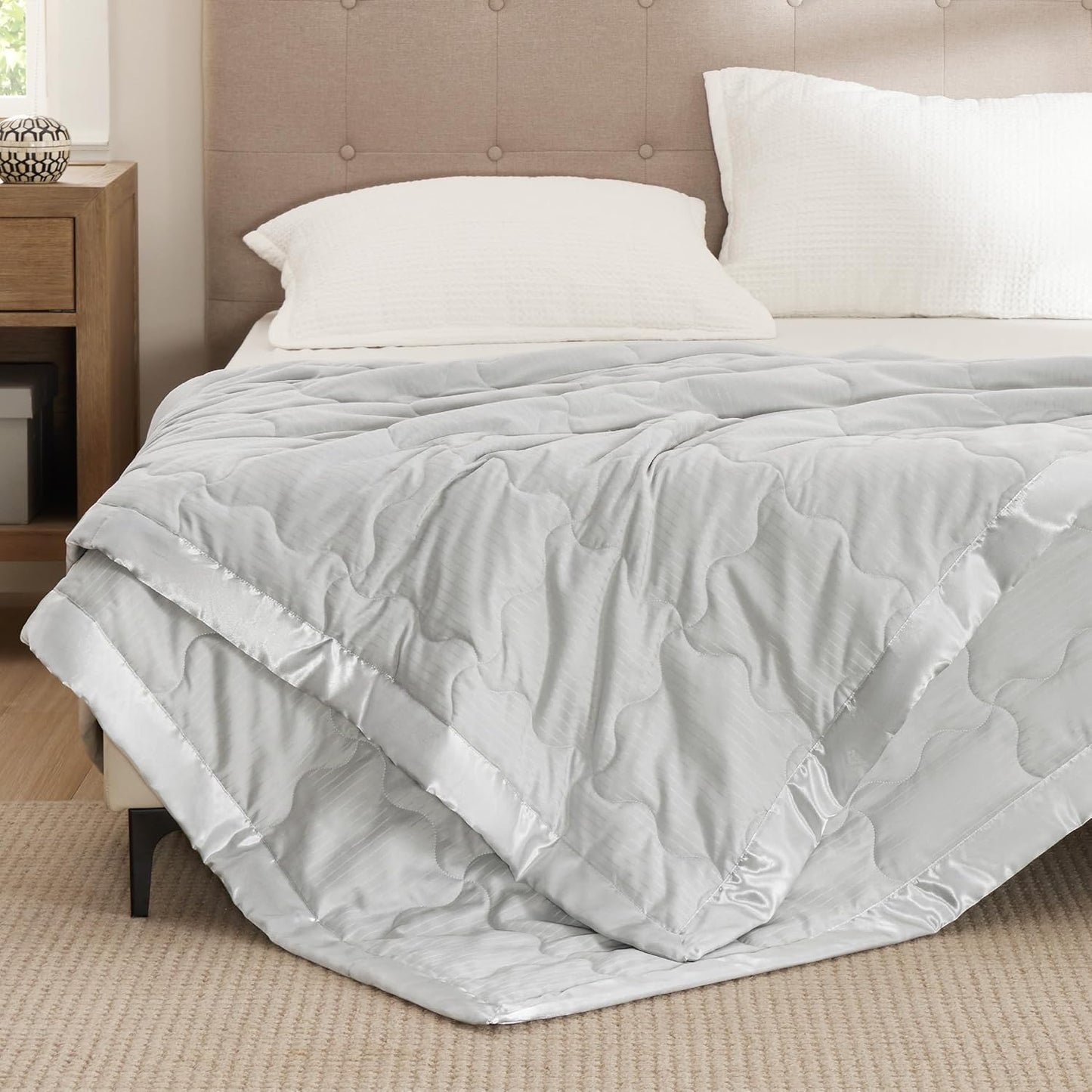 Bedsure Lightweight Blanket for Summer Queen Size - Down Alternative Blanket with Satin Trim for Bed, Light Summer Throw Grey, 90x90 Inches