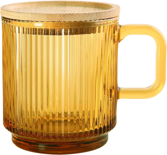 Lysenn Amber Glass Coffee Mug with Lid - Premium Classical Vertical Stripes Glass Tea Cup - for |Latte|Tea|Chocolate|Juice|Water| - Unleaded - Bamboo Lid - 12.5 Ounces