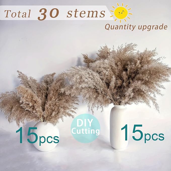 30 Stems Home Decor - Natural Dried Pampas Grass, Fluffy Brown Pompas Grass, Dry Small Pampas Bulk for Living Room Table Decor, Boho Decor, Party Wedding Decor , Gift(17.7 inch, 30 Brown )