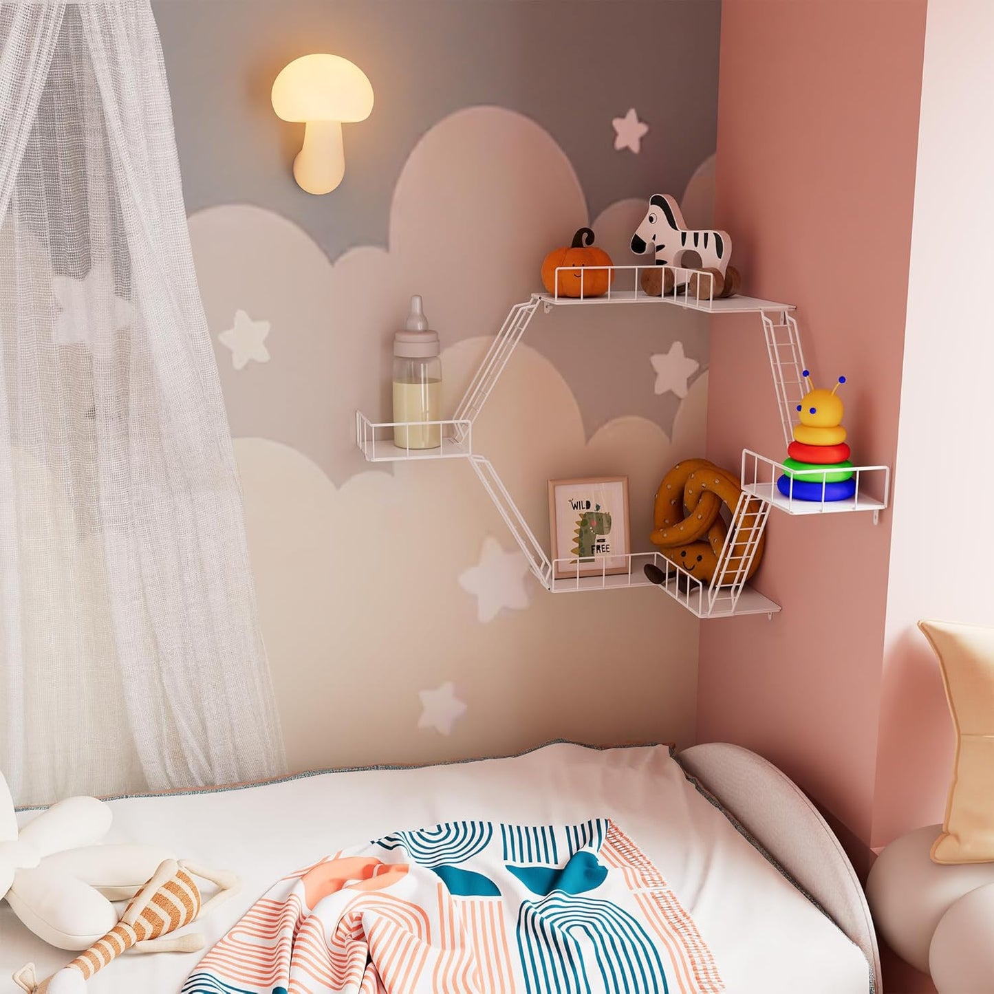 Fire Escape Wall Shelf - New York Fire Escape Shelf, Knick Knack Shelf for Figures, 3-Tier Corner Floating Shelves, Metal Decorative Display Shelves, White Wall Shelves for Bedroom&Home Decor