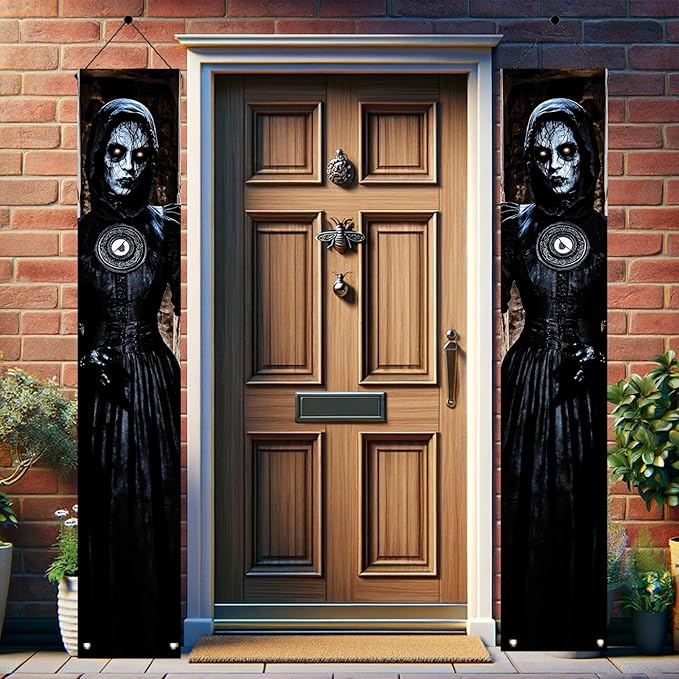 2PCS Halloween Porch Banner Gothic Ghost Lady Vertical Hanging Decorations for Front Door Haunted House Scary Door Sign Spooky Wall Decor Creepy Entrance Party Backdrop 71 x 12 Inch