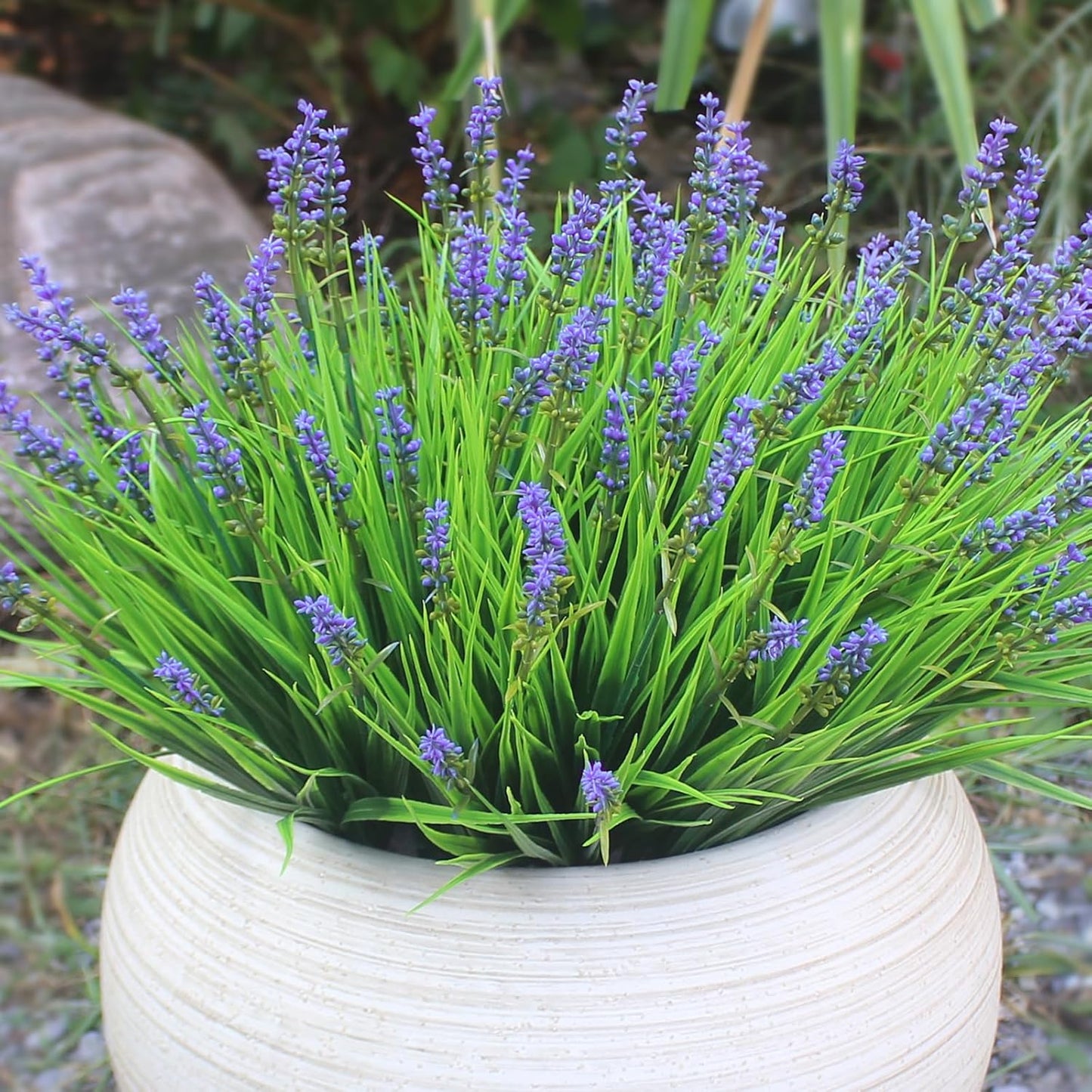 Fake Outdoor Plants Artificial Monkey Grass 12 Bundles Purple Faux Flowers for Outdoors Plastic Plant Outside Porch Patio Yard Planters Window Box Decor (12 Bundles Purple Monkey Grasses)