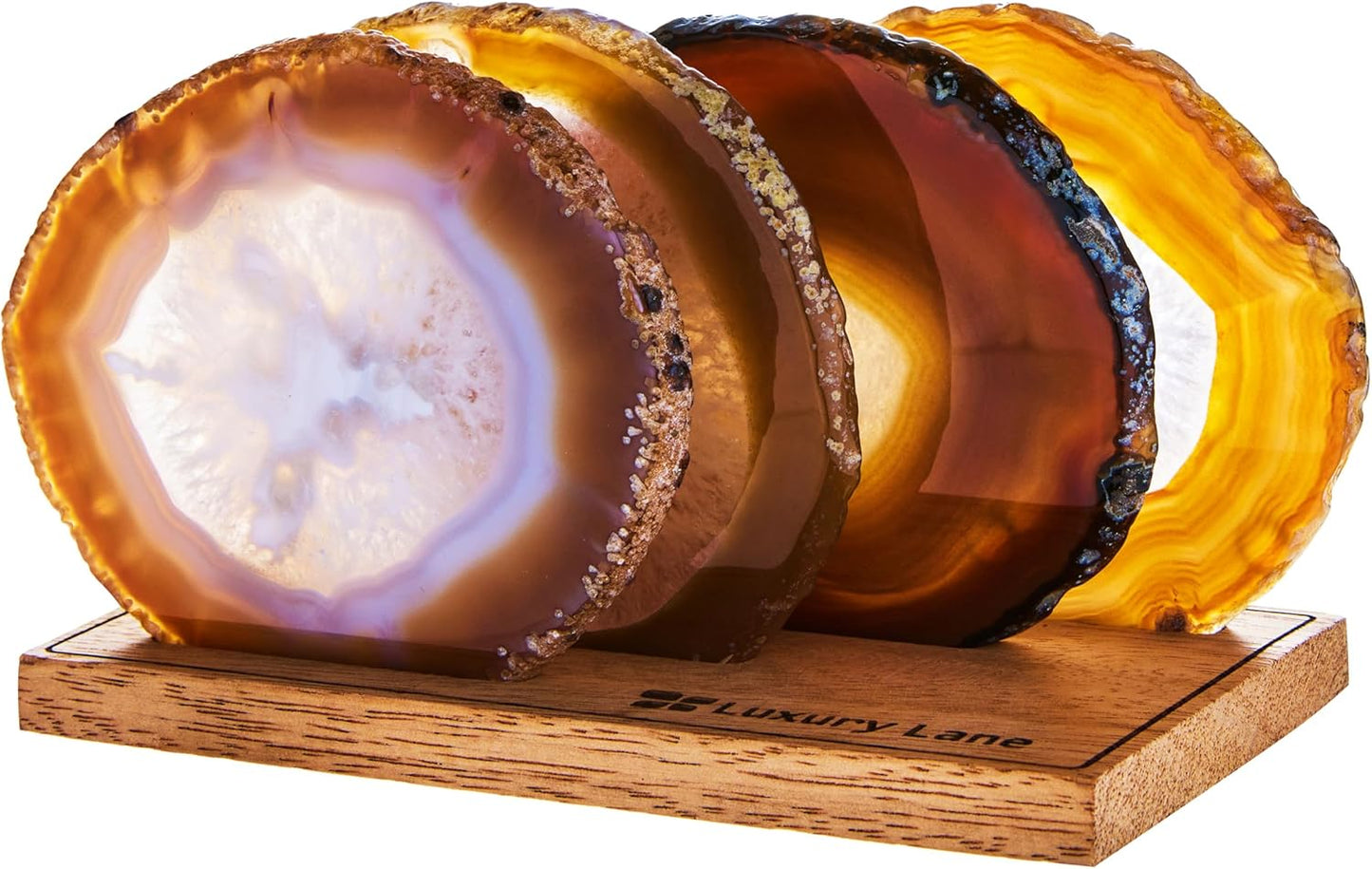 Luxury Lane Set of 4 Large Natural Brazilian Agate Slice Geode Rock Stone Drink Coasters with Wood Holder 4.3-4.7 inch Centerpiece Table Decoration, Oak Brown