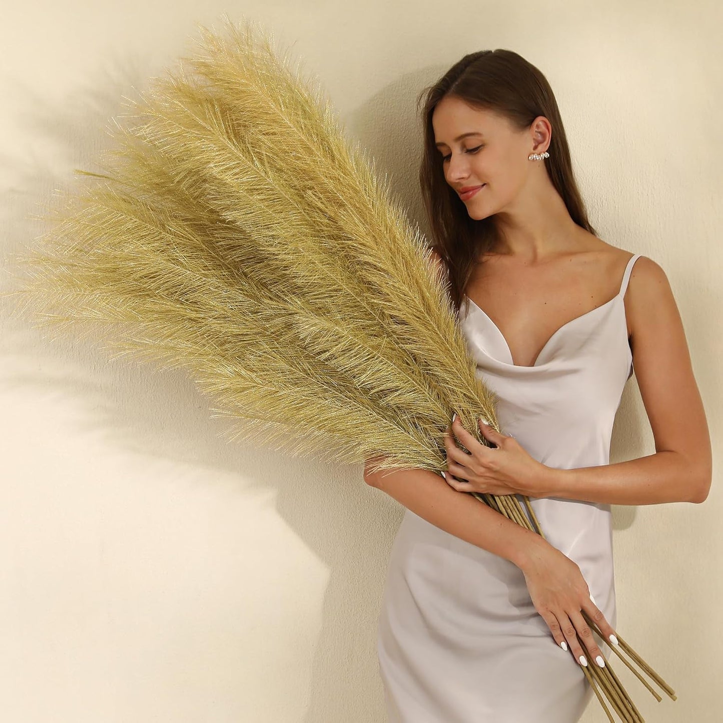 Gold Pampas Grass Decor - 45-Inch Set of 8 | Faux Tall Pampas Grass Soft and Fluffy | Perfect for Wedding Centerpieces, Great Gatsby Party Decorations and Glam Room Decor