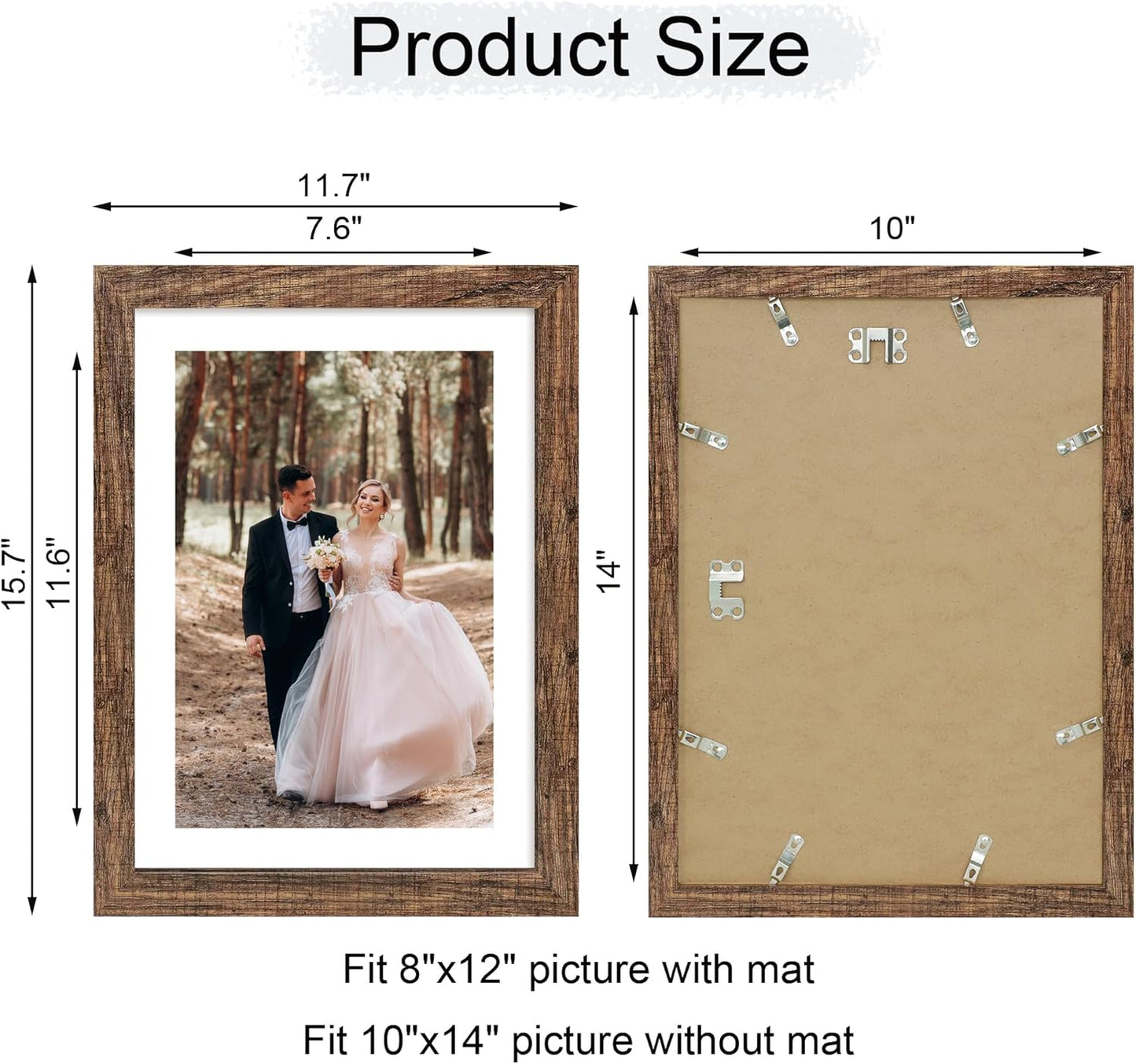 iRahmen 10x14 Picture Frame Set of 4 with Tempered Glass, Rustic Frame Display 8x12 Pictures with Mat or 10 x 14 Without Mat, Wooden Photo Frames for Wall Mounting