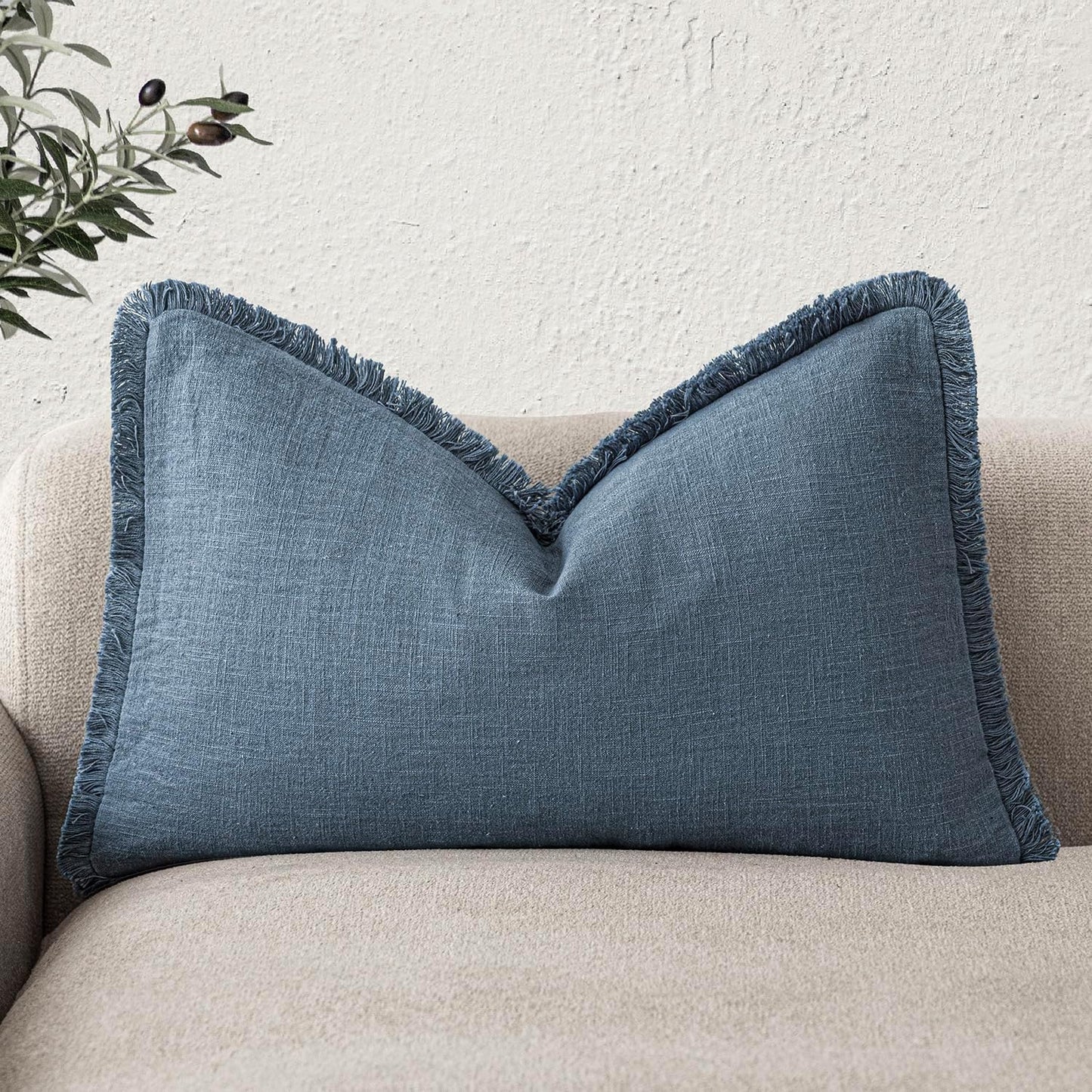 Foindtower Decorative Linen Fringe Lumbar Throw Pillow Covers Cozy Boho Farmhouse Cushion Cover with Tassel Accent Pillowcase for Sofa Bed Living Room Home Decor, 12×20 Inch,1PC,Misty Blue