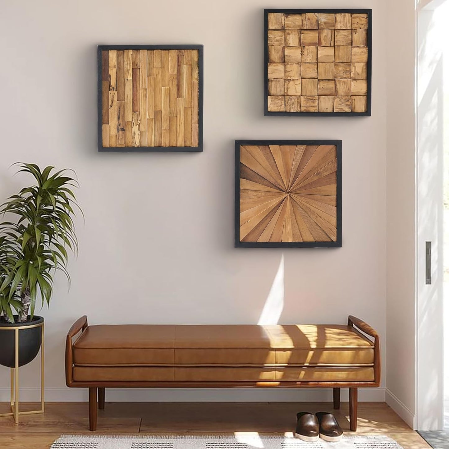 Greenage Natural Teak Wood Wall Decor 17"x17" Rustic Farmhouse Sunrise Pattern Wall Art Hanging Decoration Textured Wooden Frame Wall Panel for Home Living Room Bedroom Meeting Room