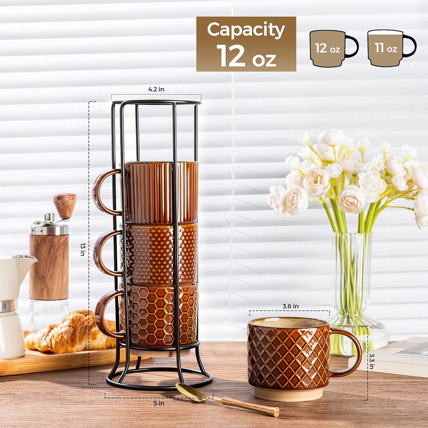 GBHOME 12OZ Stackable Coffee Mugs with Stand, Ceramic Coffee Mugs with Texture Patterns for Man,Woman,Dad,Mom, Modern Coffee Cups Set of 4 for Latte/Cappuccino. Dishwasher&Microwave Safe, Caramel