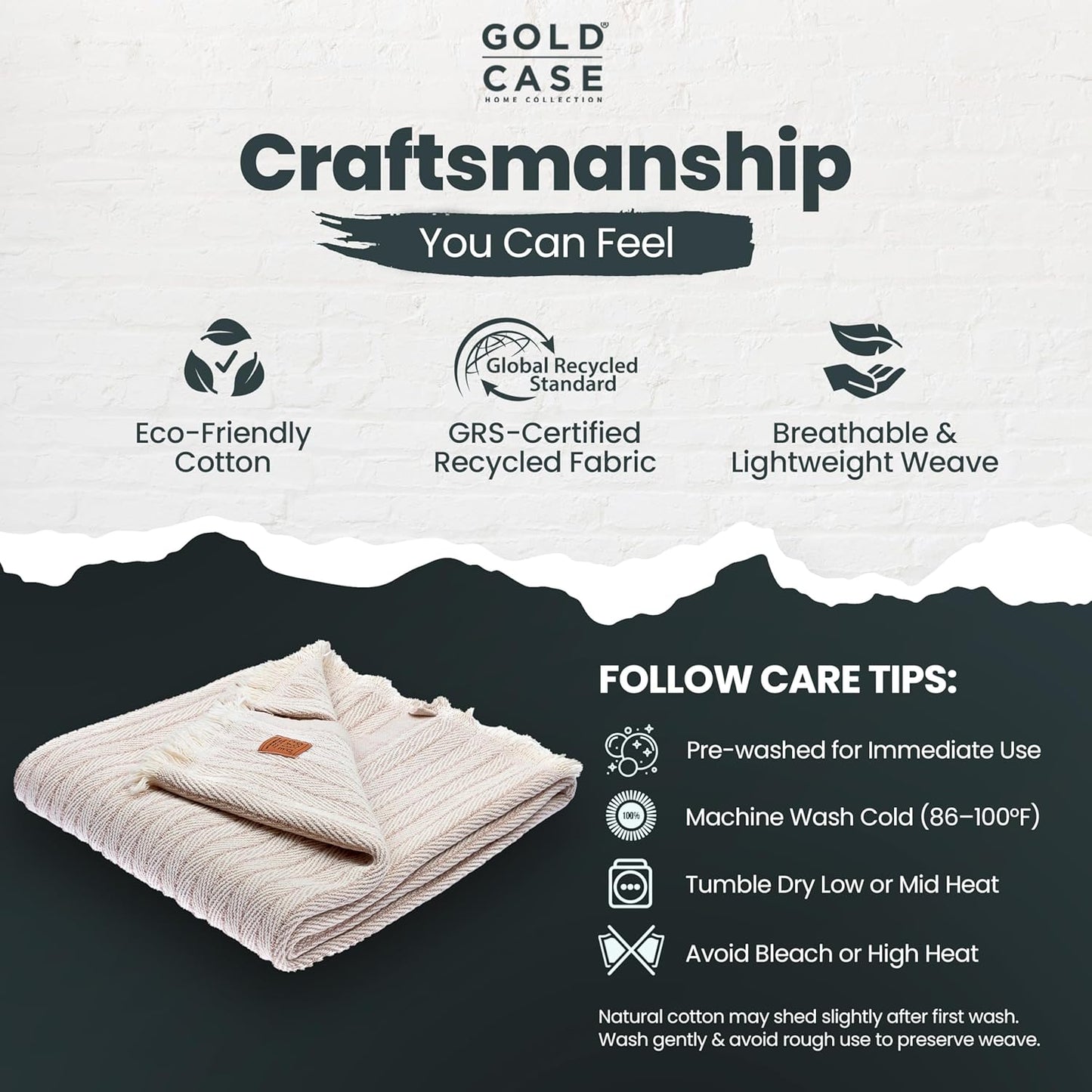 Gold Case Throw Blanket for Couch - 100% Recycled Turkish Cotton Blankets & Throws - Vintage Soft Throw Blankets for Living Room - Boho Decorative Woven Couch Blanket - 50x60 - Beige