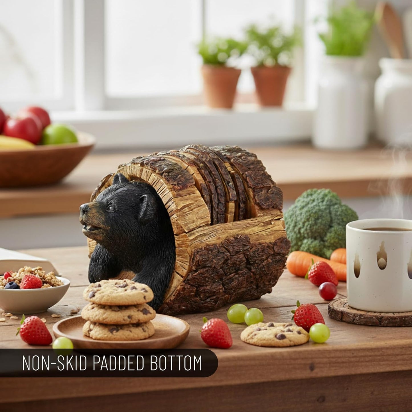 Black Bear Rustic Log Coaster Set - Drink Holders for Home Decor - Bear Print Cabin Coasters