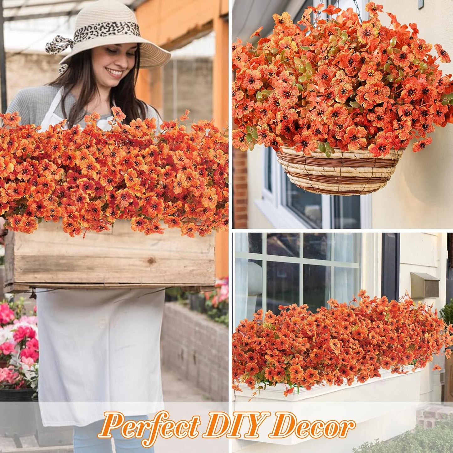 Fall Decor, Fake Mums, Fall Flowers, UV Resistant Artificial Mums for Outdoors,24 Bundles Faux Mums for Outside, Fall Flowers Plants Artificial for Decoration For Home Porch Thanksgiving,Orange Green