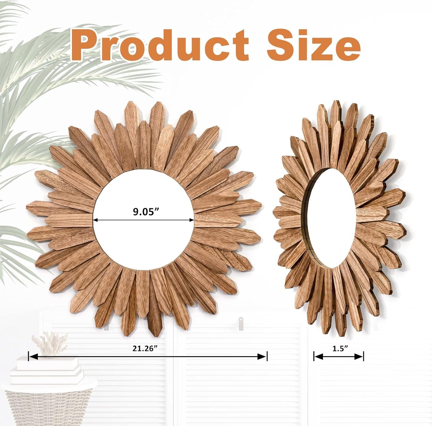 Emfogo Wall Mirror 21 inch Rustic Wood Farmhouse Mirror Sunburst Boho Mirror Wall Decor Room Decor Home Aesthetic Decor for Bedroom Living Room Entryway (Carbonized Black)