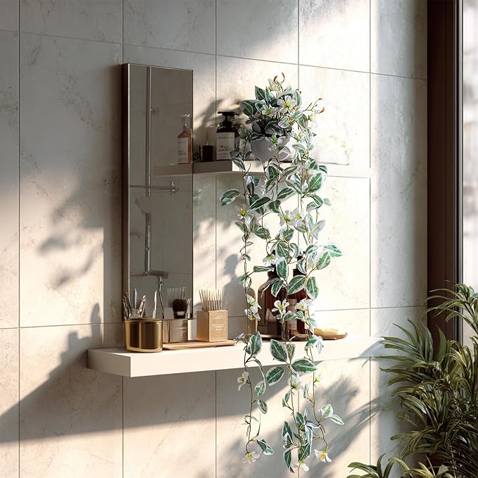 2PCS Artificial Hanging Plant with Pot Faux Hanging Plants Small Hanging Plants Pot with Artificial Vines and Flower Greenery Decoration for Living Room Wall Home Wall Shelf