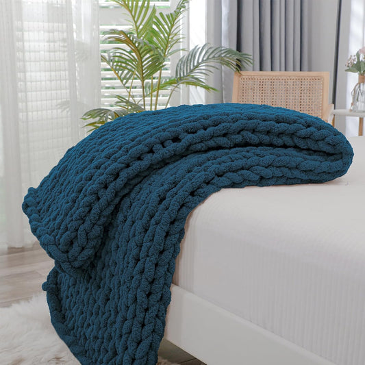 Bigacogo Chunky Knit Throw Blanket for Couch, 40x60 inches, 100% Hand Knitted with Thick Jumbo Chenille Yarn, Cozy Soft Large Rope Knot Cable Crochet Blankets for Sofa Bed Living Room, Deep Sea Blue